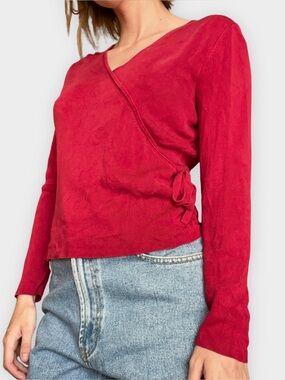 Ann Taylor 100% Silk Faux Wrap Sweater Red Side Tie Knit Size S
